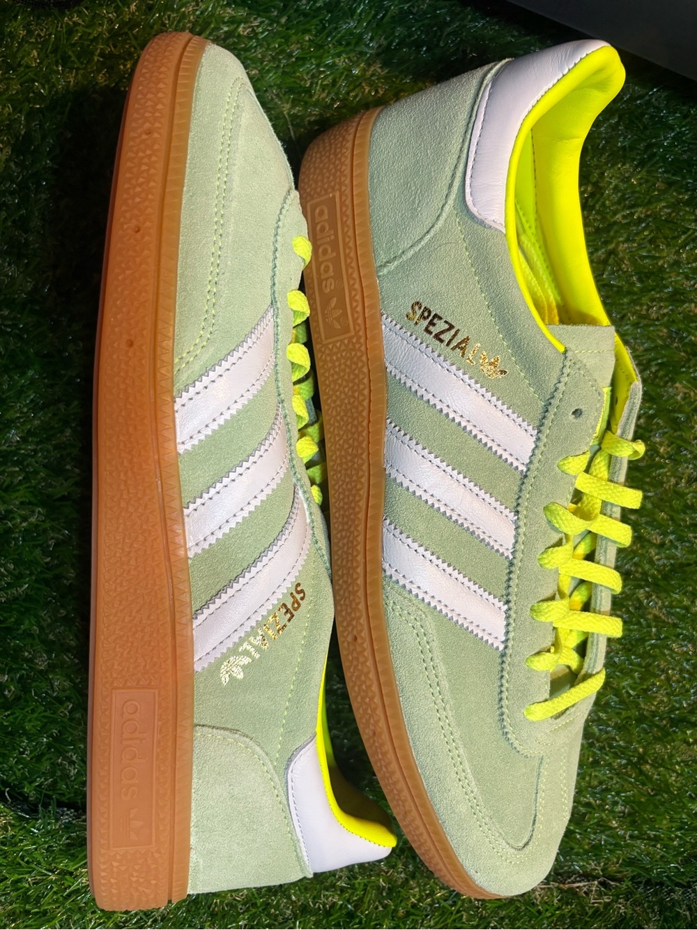 adidas Spezial Suede Sneakers in Light Green, White & women’s 11, men’s 10